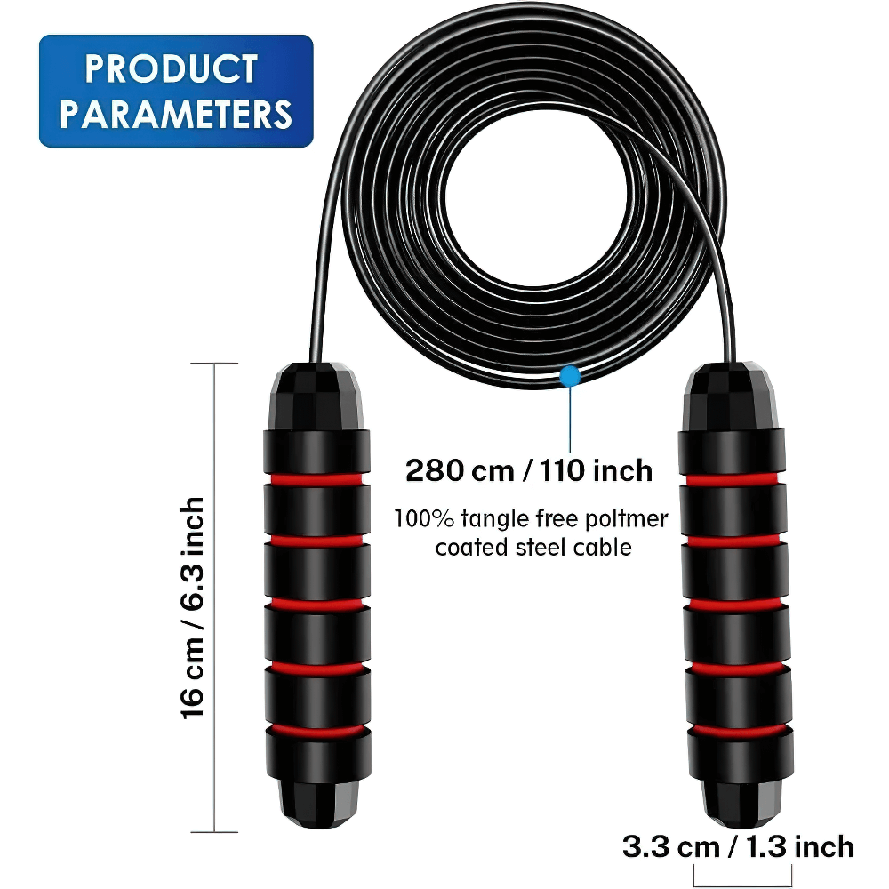 Adjustable Speed Jump Rope with EVA Foam Handles and dimensions; ideal for cardio, agility training, boxing, and MMA.