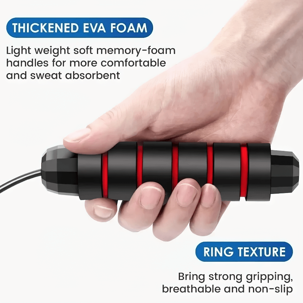 Close-up of a hand holding an adjustable speed jump rope with thick EVA foam handle, highlighting comfort and non-slip grip.
