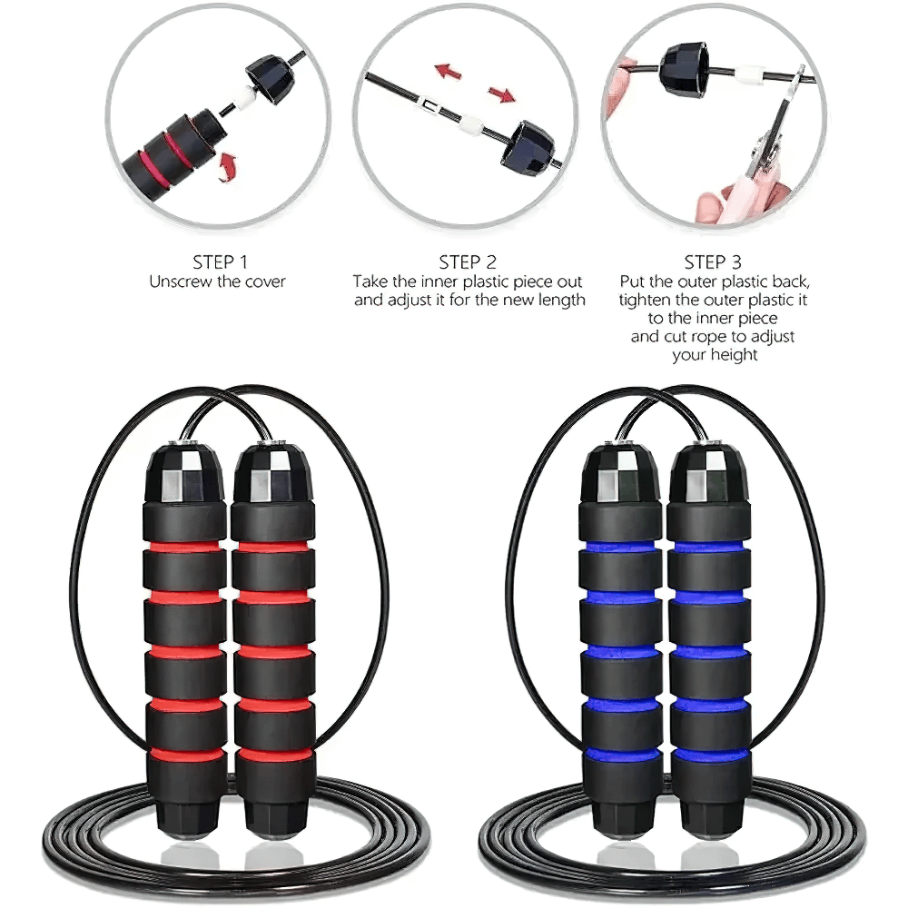 Adjustable speed jump rope with red and blue EVA foam handles, demonstrating step-by-step adjustment instructions for a perfect fit.