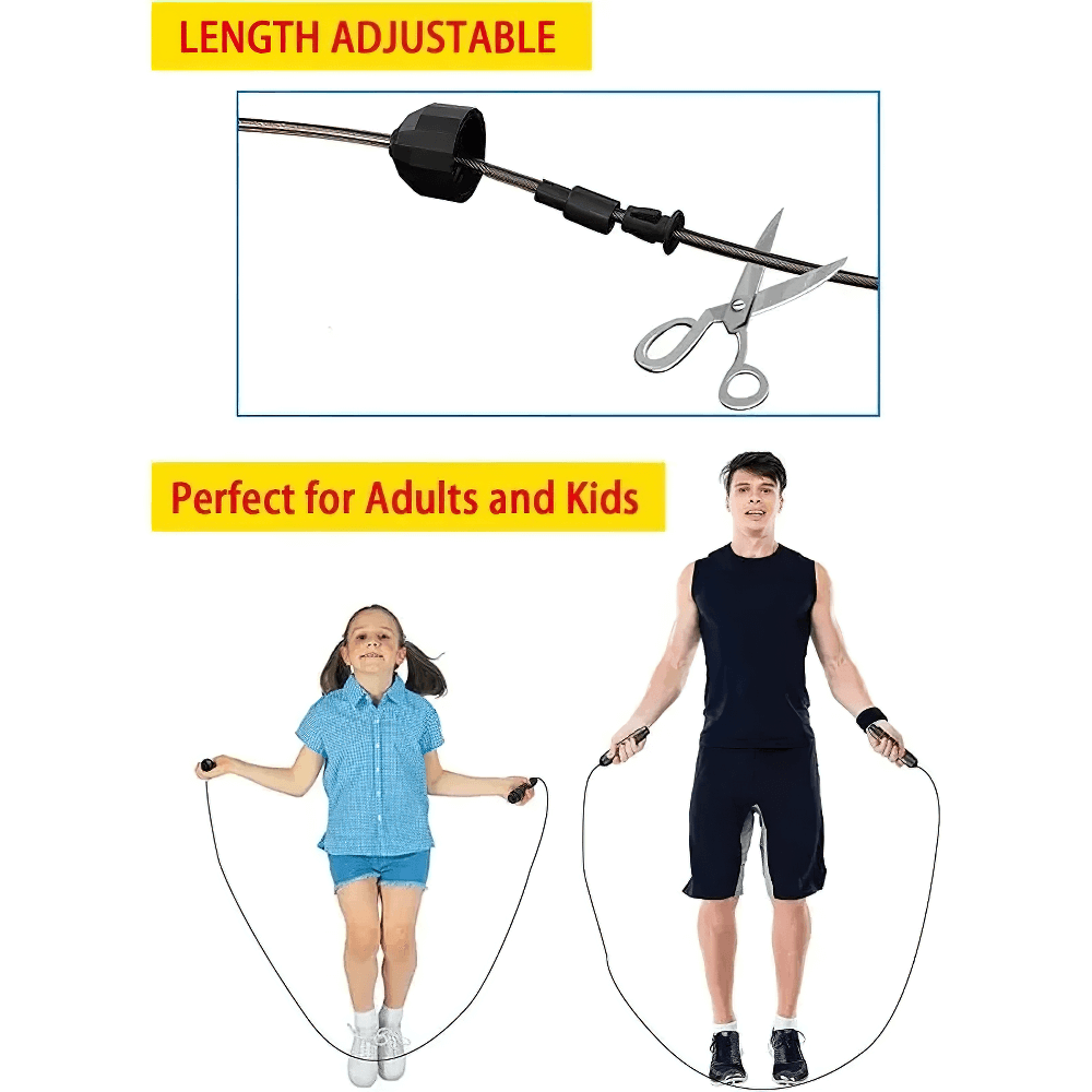 Adjustable speed jump rope with EVA foam handles for adults and kids, showcasing height customization with cutting tool for perfect fit.