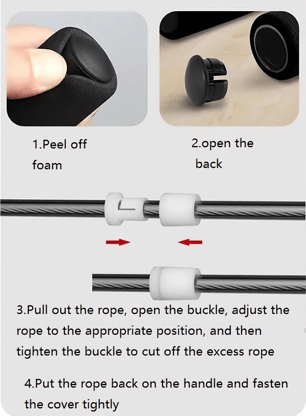 Step-by-step guide to adjusting the SF2776 jump rope length with foam handle and buckle system.