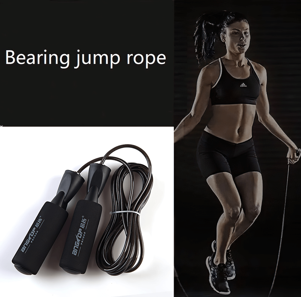 Adjustable speed jump rope with foam handles, perfect for cardio workouts and weight loss, shown on black background with woman exercising.