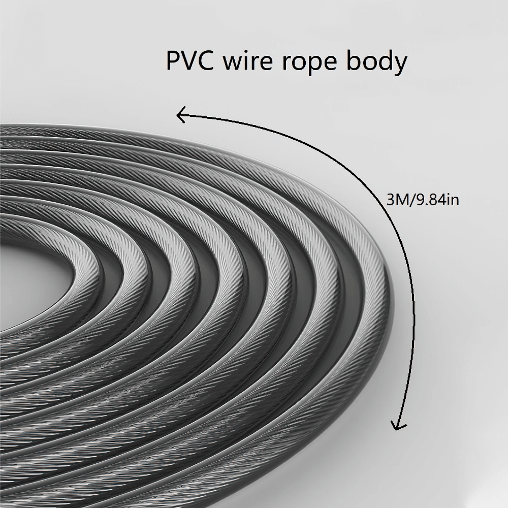 Close-up of PVC-coated adjustable jump rope cable with 3-meter length for fitness and exercise.