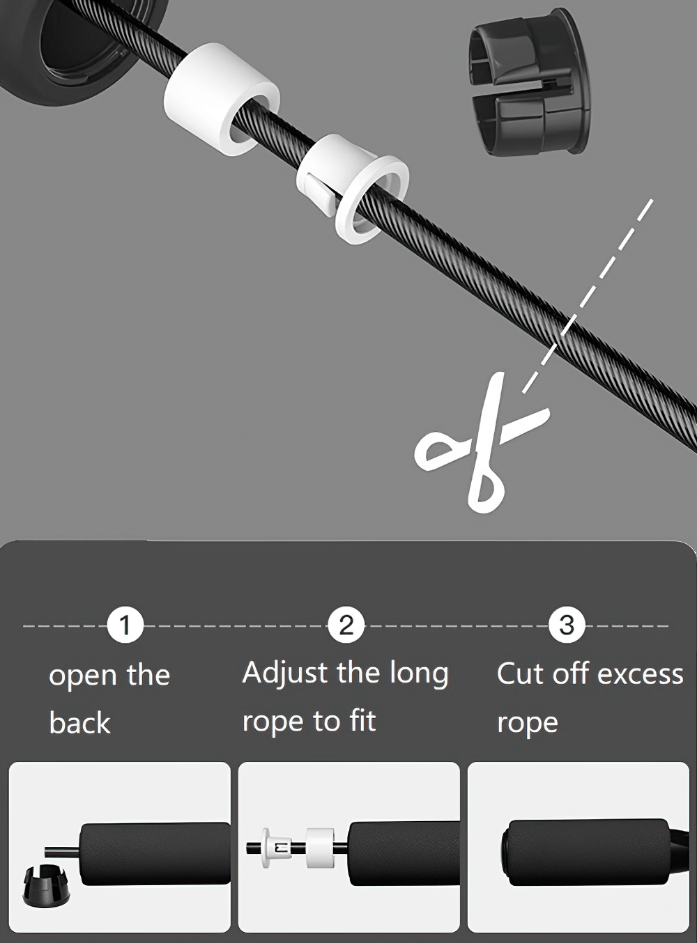 Illustration of adjustable jump rope lengthening process with PVC-coated cable and foam handles.