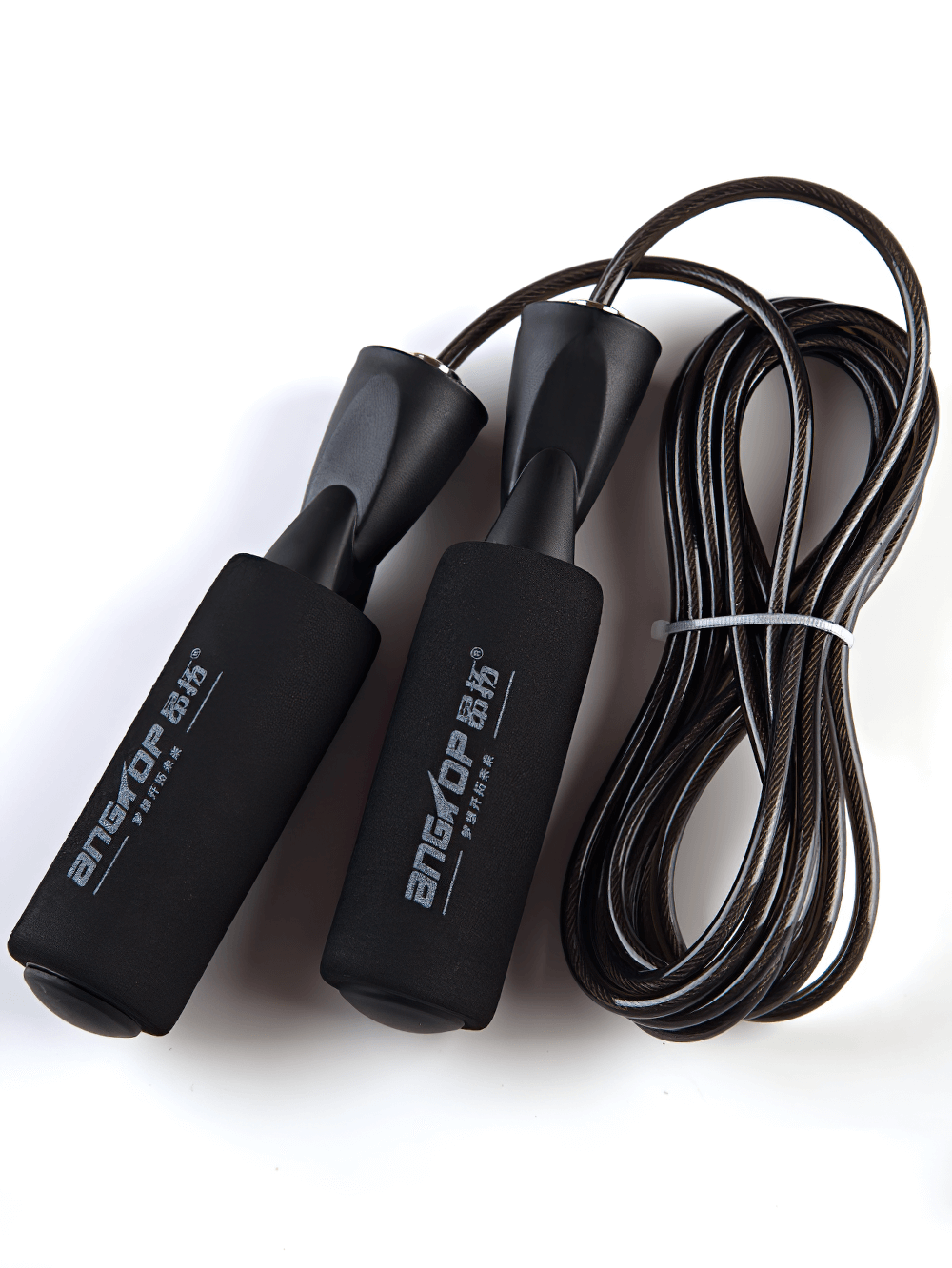 Adjustable speed jump rope with durable PVC cable and foam handles for fitness and HIIT workouts.