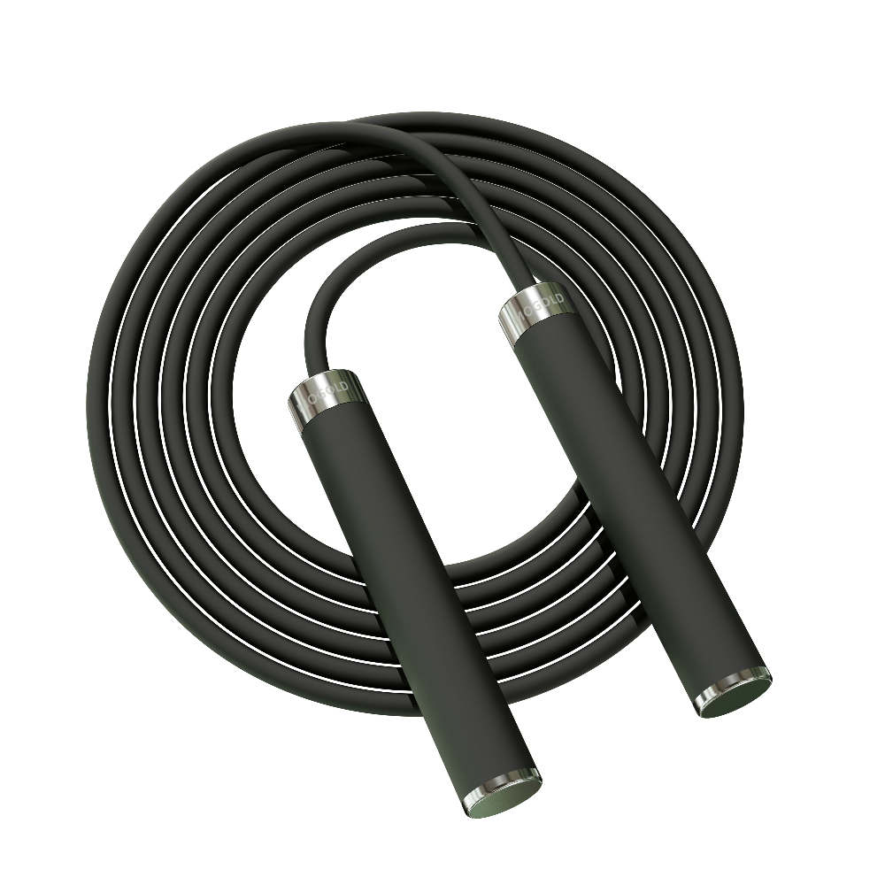 Adjustable speed jump rope with black PVC and high-speed bearings, featuring non-slip grips for cardio and fitness training.