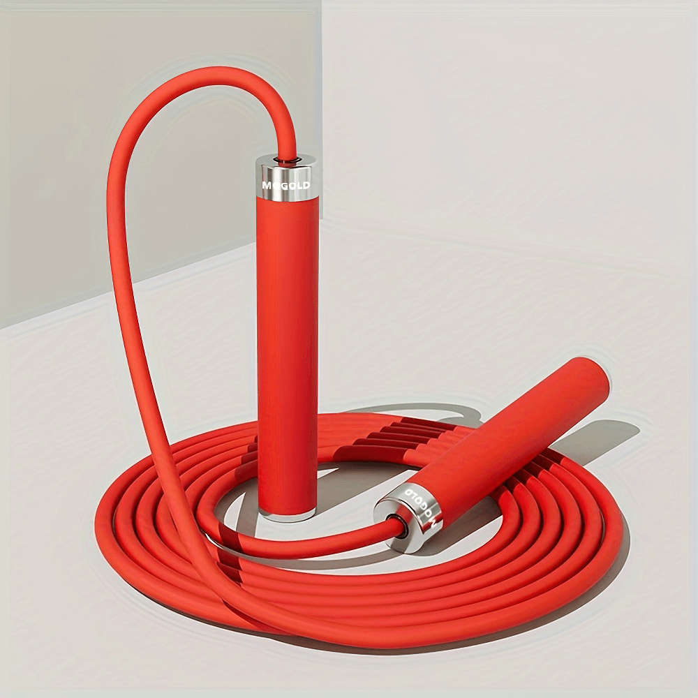 Red adjustable speed jump rope with durable PVC and non-slip grips for cardio training.