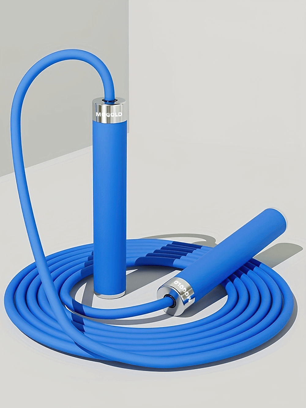 Blue adjustable speed jump rope with high-speed bearings and non-slip grips for cardio and fitness training.