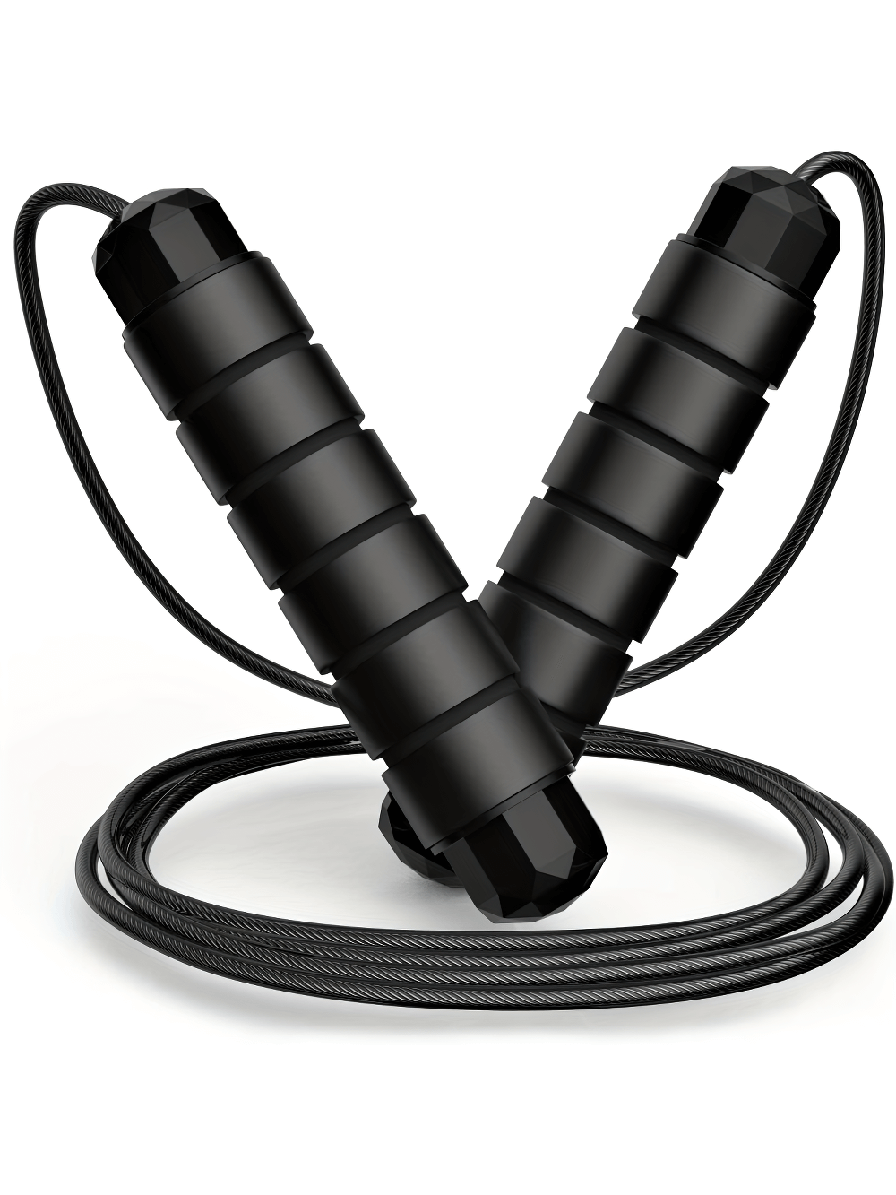 Adjustable speed jump rope with memory foam handles, tangle-free cable, perfect for cardio and agility training; model SF2760.