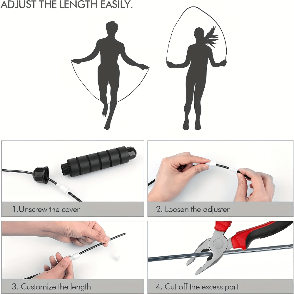 Step-by-step guide to adjusting the length of an adjustable jump rope with foam handles and tangle-free cable. Perfect for workouts.