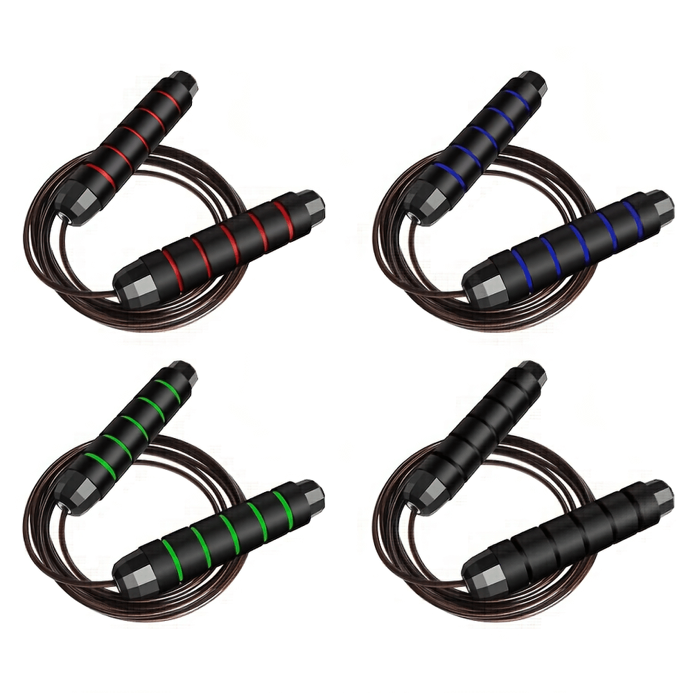 Adjustable speed jump ropes with foam handles in red, blue, green, and black, ideal for cardio and fitness workouts.