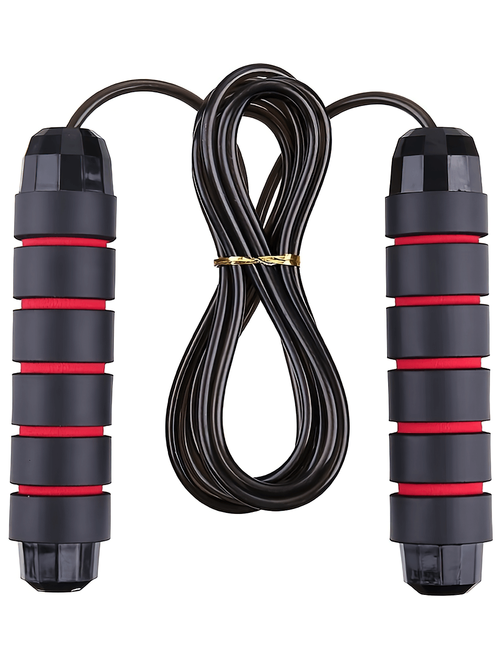 Adjustable speed jump rope with foam handles, featuring a black tangle-free cable and ergonomic grip. Ideal for cardio and fitness training.