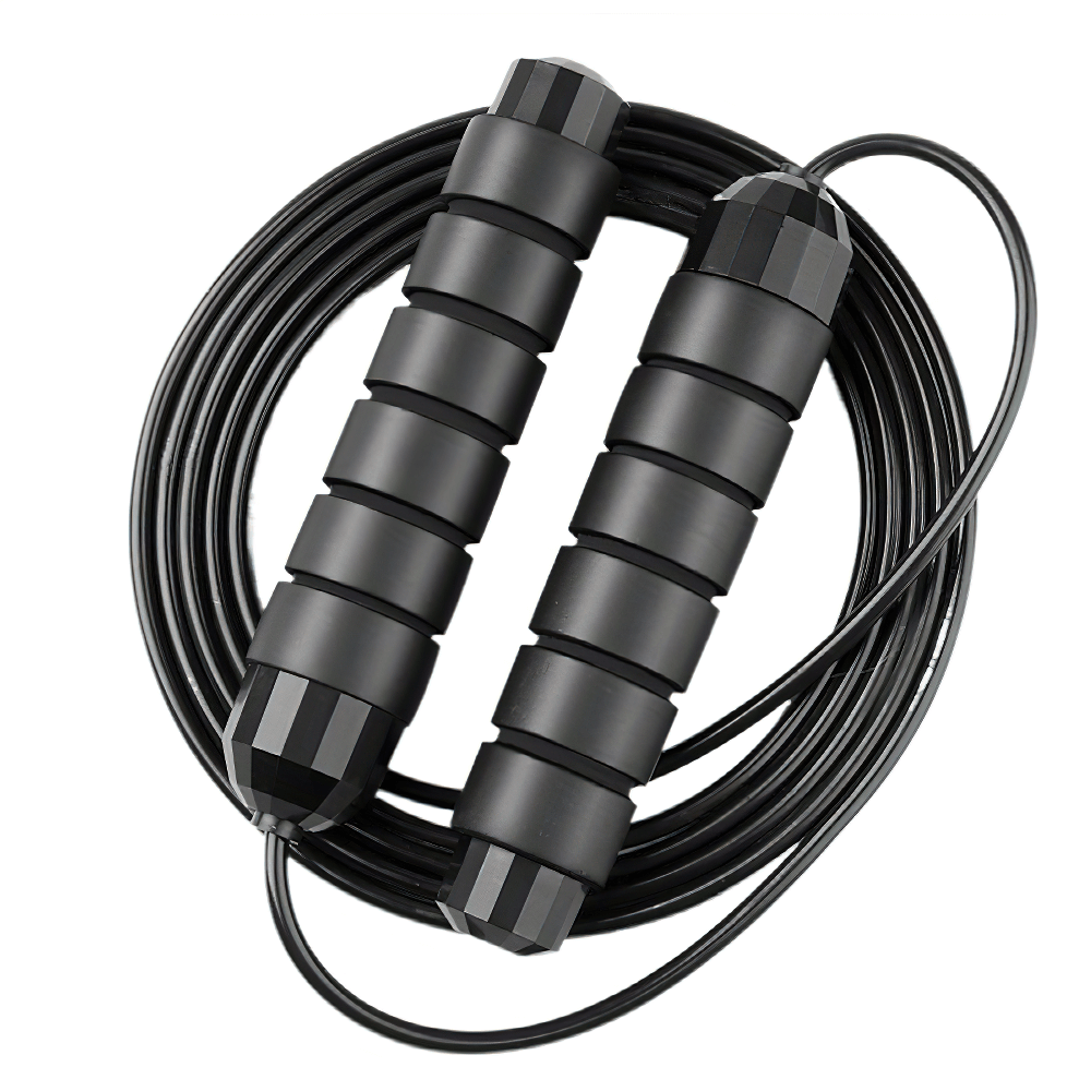 Adjustable speed jump rope with tangle-free cable and foam handles for smooth workout rotation, ideal for fitness and training.