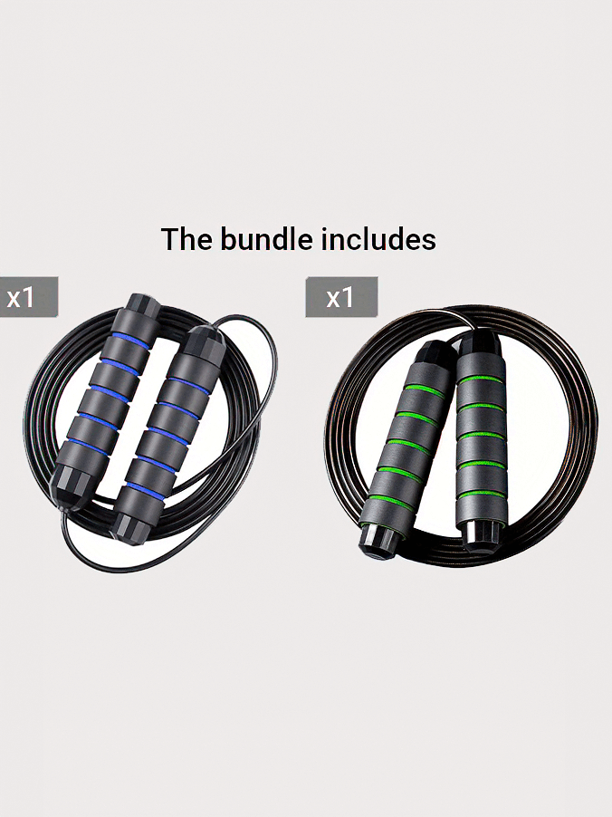 Bundle of two adjustable speed jump ropes with foam handles, featuring blue and green accents for cardio and fitness training.