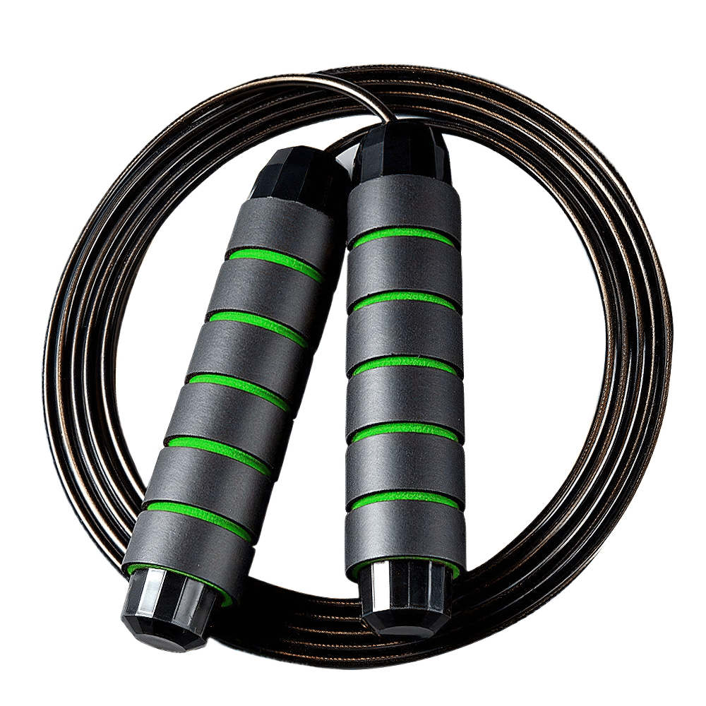 Adjustable speed jump rope with memory foam handles, tangle-free cable, and green striped design, perfect for cardio and fitness workouts.