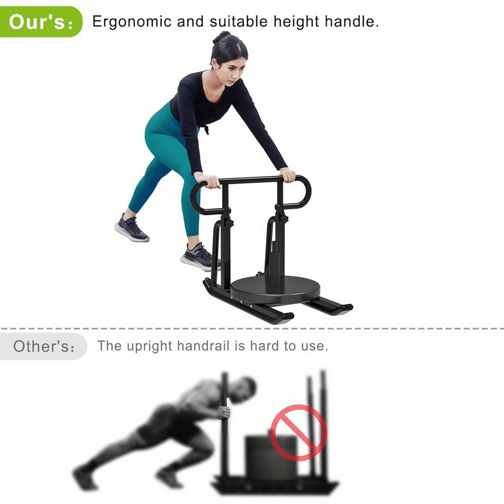 A woman using an adjustable speed training sled with ergonomic handle versus a harder-to-use upright handle.