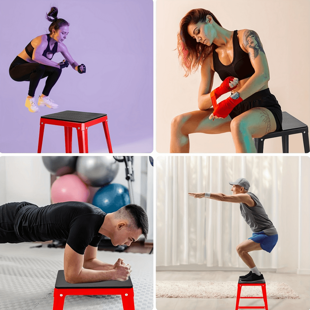 Alt Tag: Fitness enthusiasts using adjustable steel plyo box for exercises like jump training, step-ups, and planks.