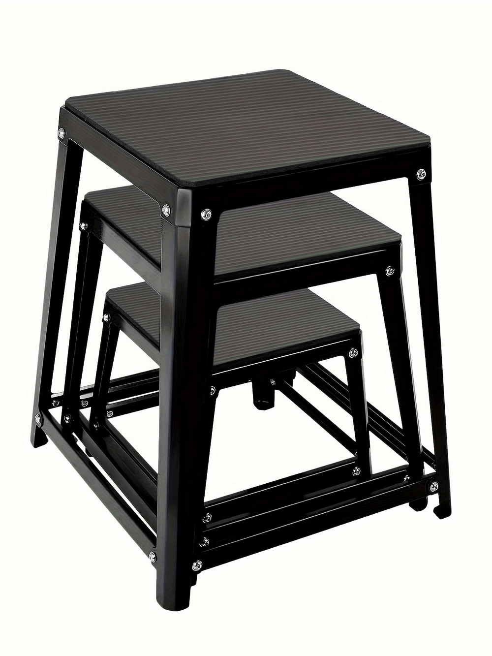 Adjustable steel plyo box set for fitness training, featuring stackable 12, 18, and 24-inch jump boxes with slip-resistant platforms.