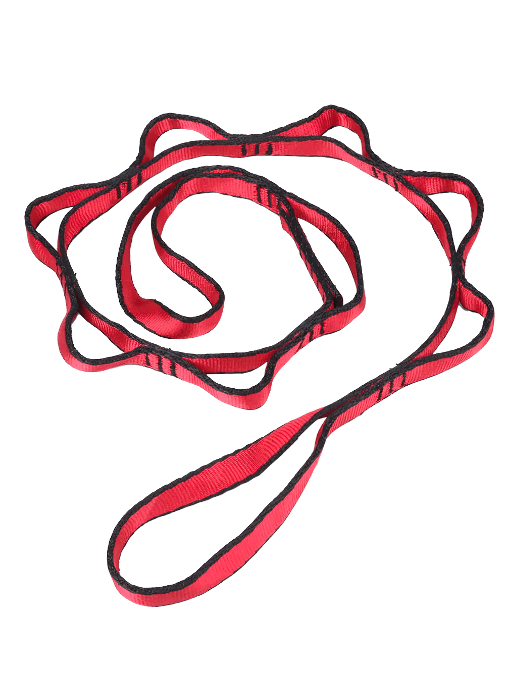 Red adjustable multi-loop stretch strap for physical therapy, fitness, and yoga exercises. Durable nylon band for flexibility training.