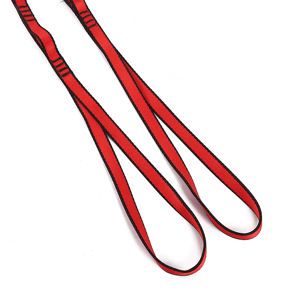 Red multi-loop stretch strap for yoga, Pilates, and physical therapy, perfect for flexibility and muscle recovery.