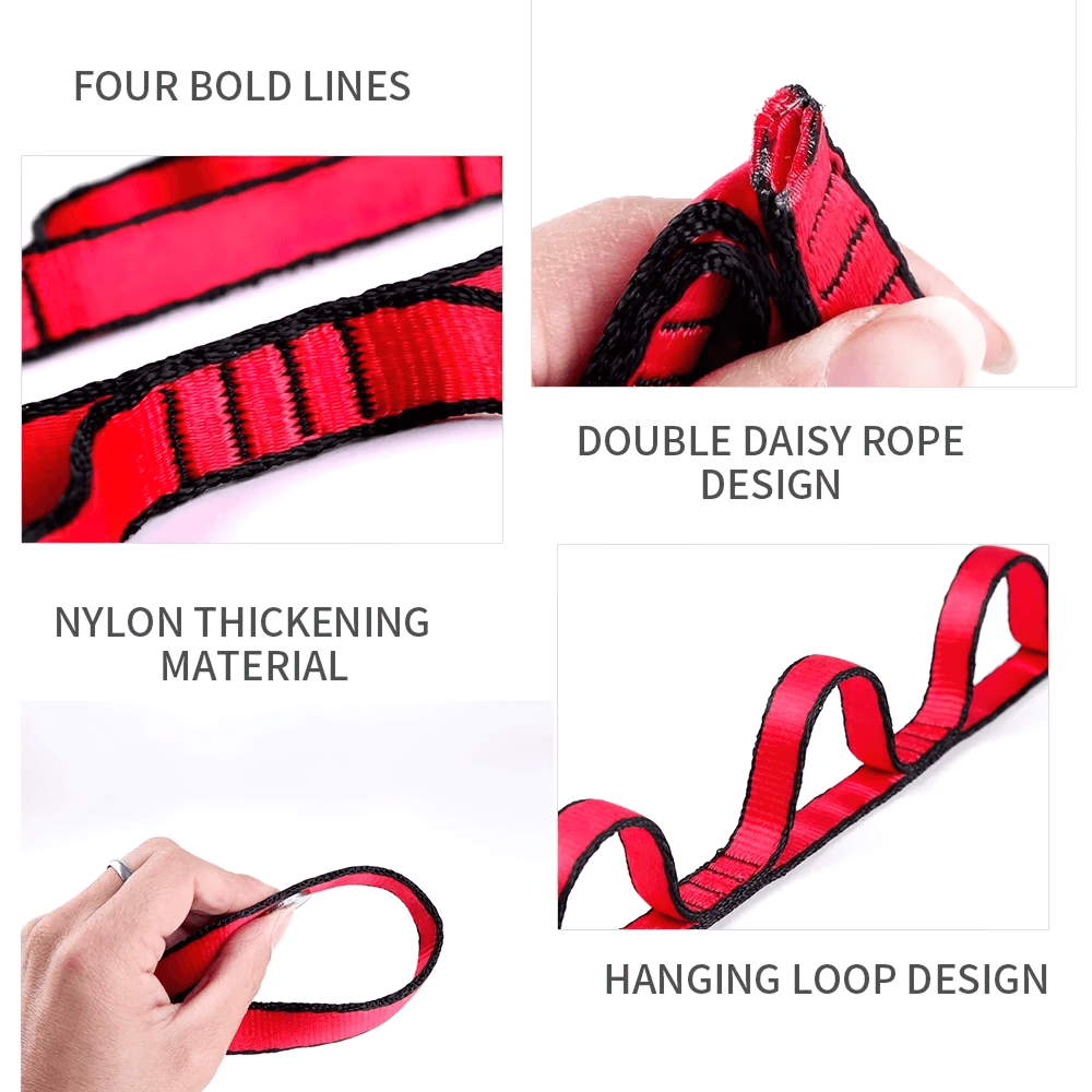 Close-up view of red multi-loop stretch strap with bold lines, nylon material, daisy rope design, and hanging loops for exercises.