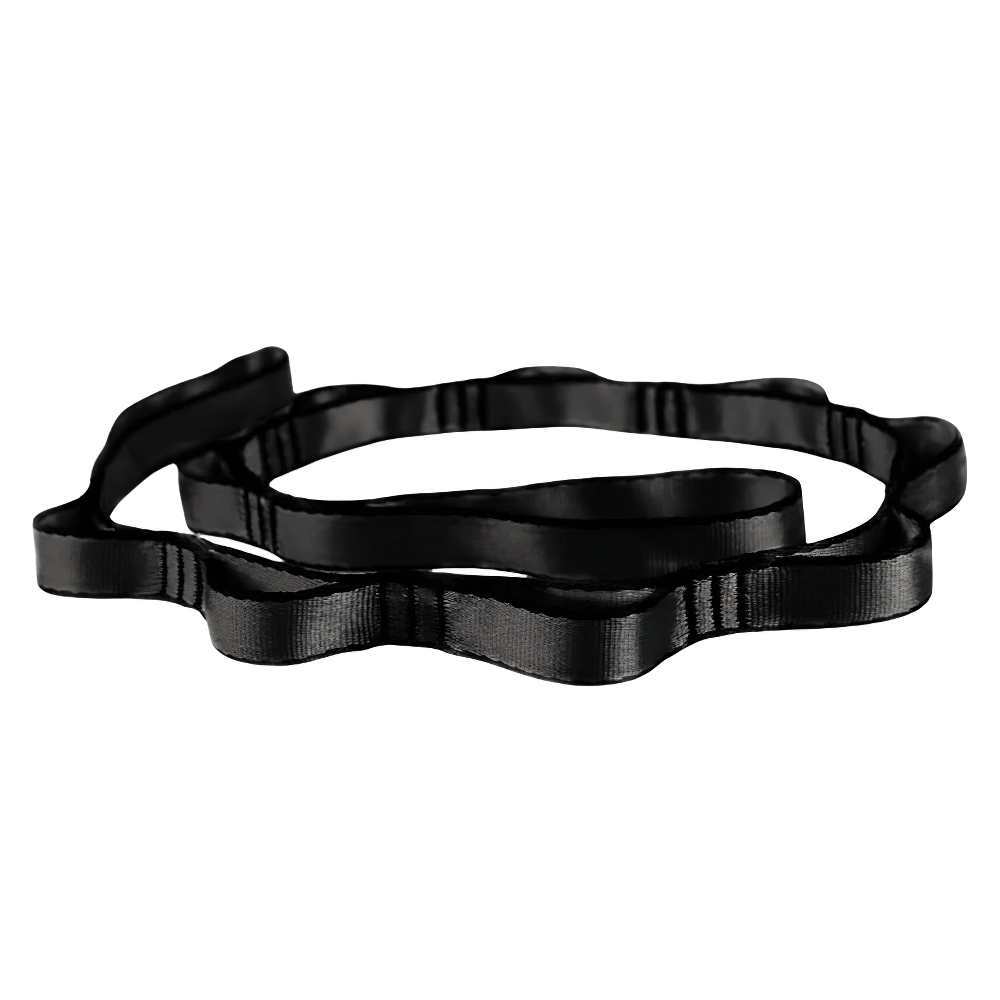 Adjustable multi-loop black stretch strap for yoga, Pilates, and physical therapy, enhancing flexibility and muscle recovery.
