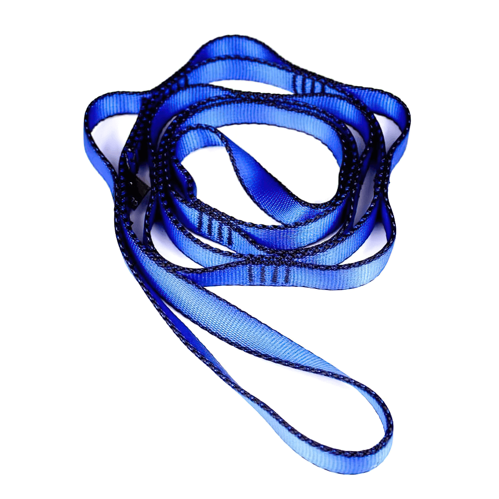 Blue adjustable stretch strap for physical therapy, featuring multiple loops for fitness and rehab workouts. Model SF3320.