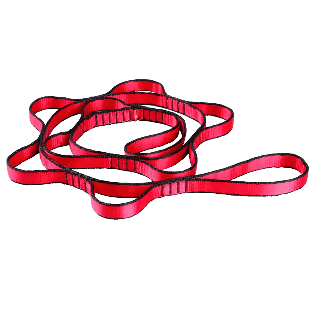 Red adjustable stretch strap for yoga, Pilates, and physical therapy, featuring multi-loop design for flexibility and muscle recovery.