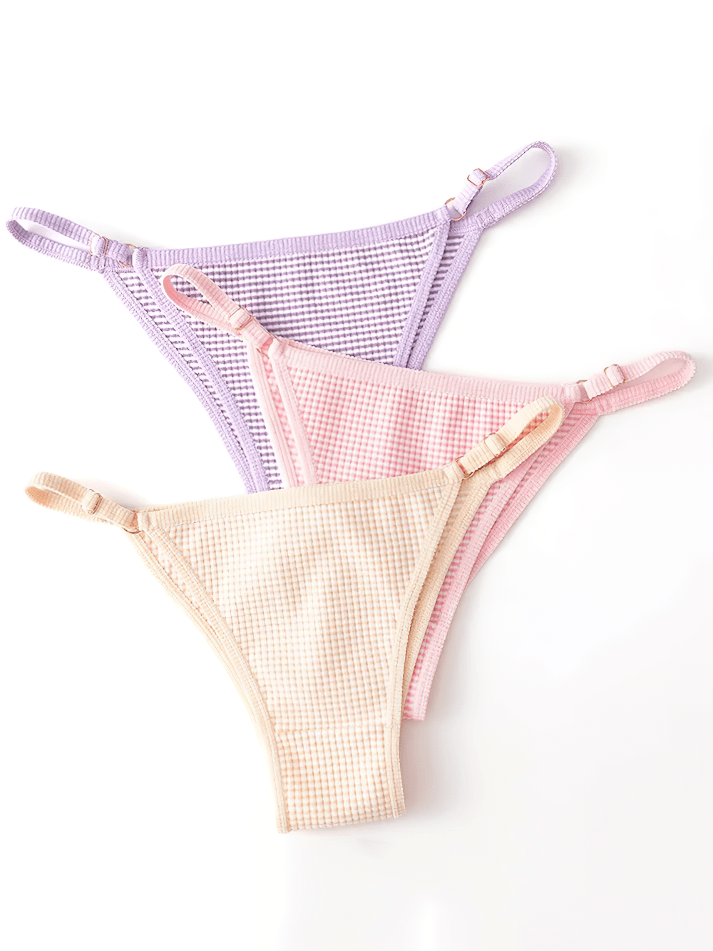Adjustable Striped Brazilian Panties for Women - SF4630 in pink, lavender, and beige, showcasing adjustable side buckle straps.