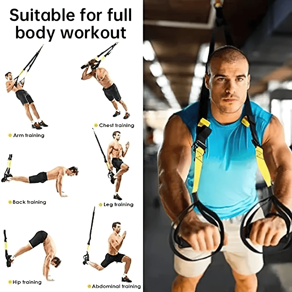Man using adjustable suspension training straps for a full body workout, showing exercises for arms, chest, legs, and core.