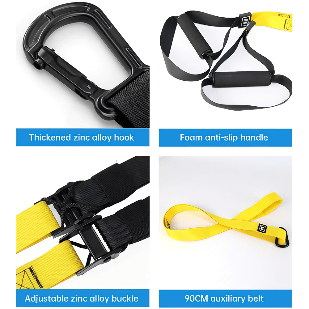 Suspension training straps with zinc alloy hook, anti-slip handle, adjustable buckle, and 90cm belt for versatile workouts.