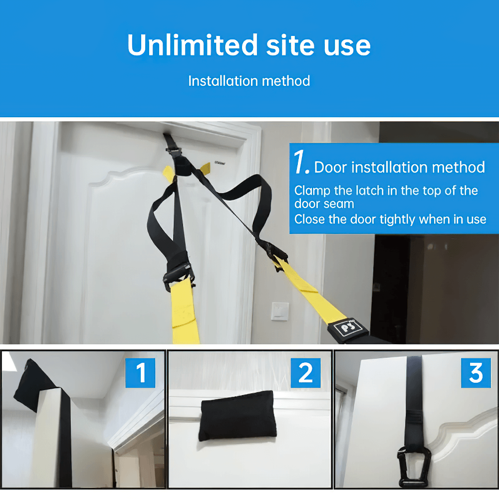 Installation guide for adjustable SF3345 suspension training straps with door anchor for full body workouts.