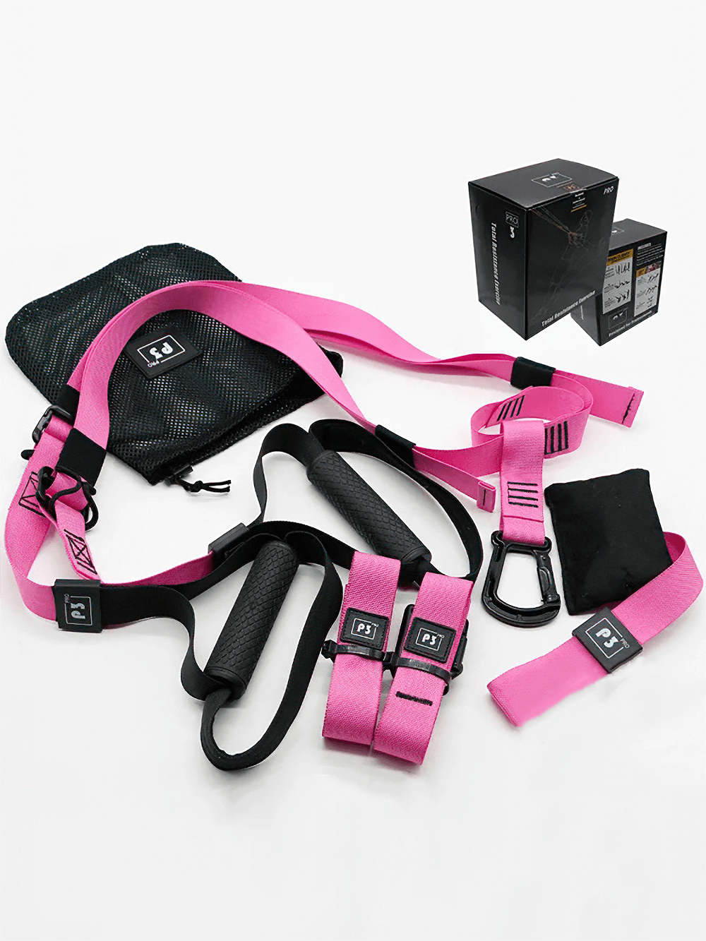 Pink adjustable suspension training straps with door anchor and carry bag, perfect for full body workouts and home fitness, model SF3345.
