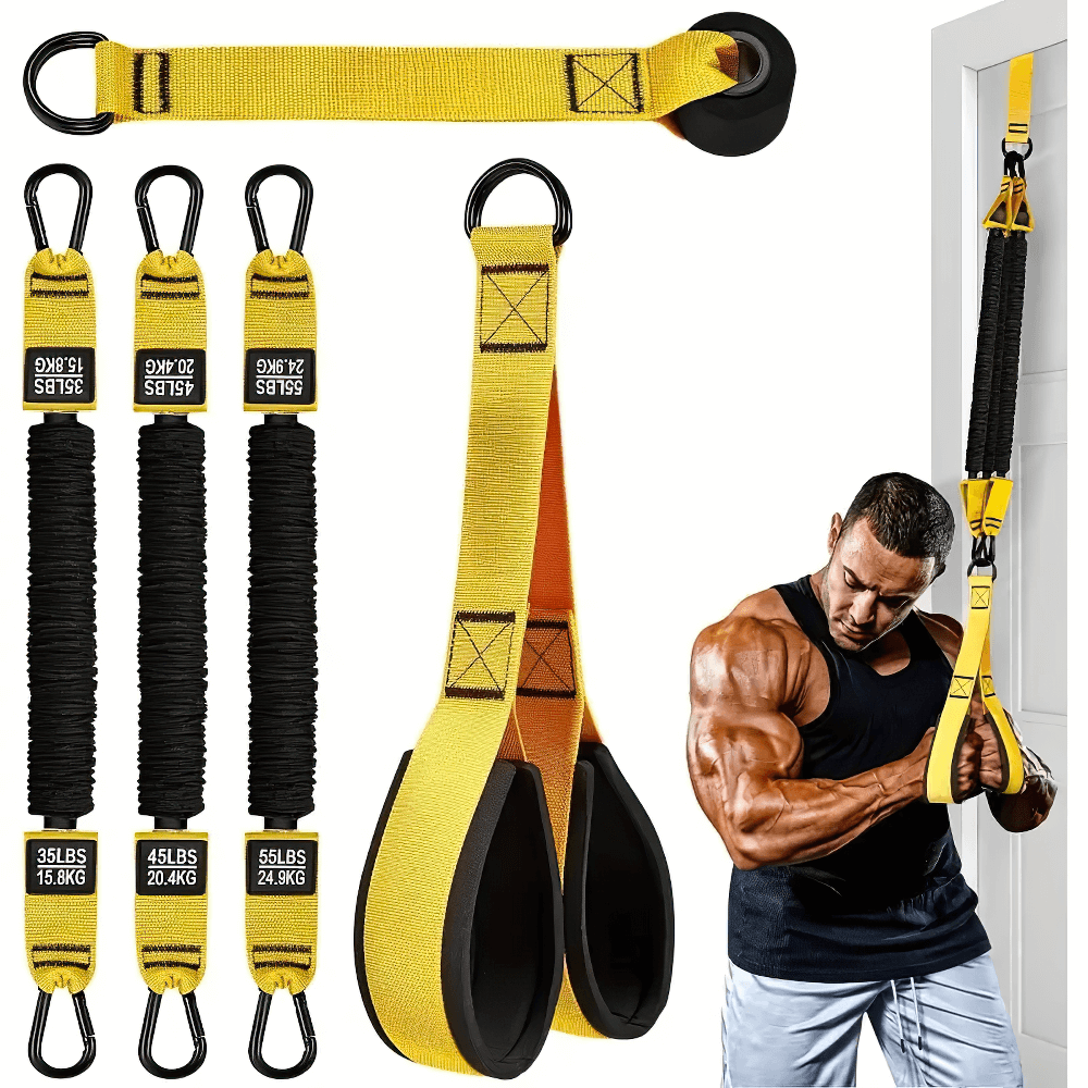 Muscular athlete using adjustable suspension training straps in doorway for home workout, featuring durable yellow straps and bands