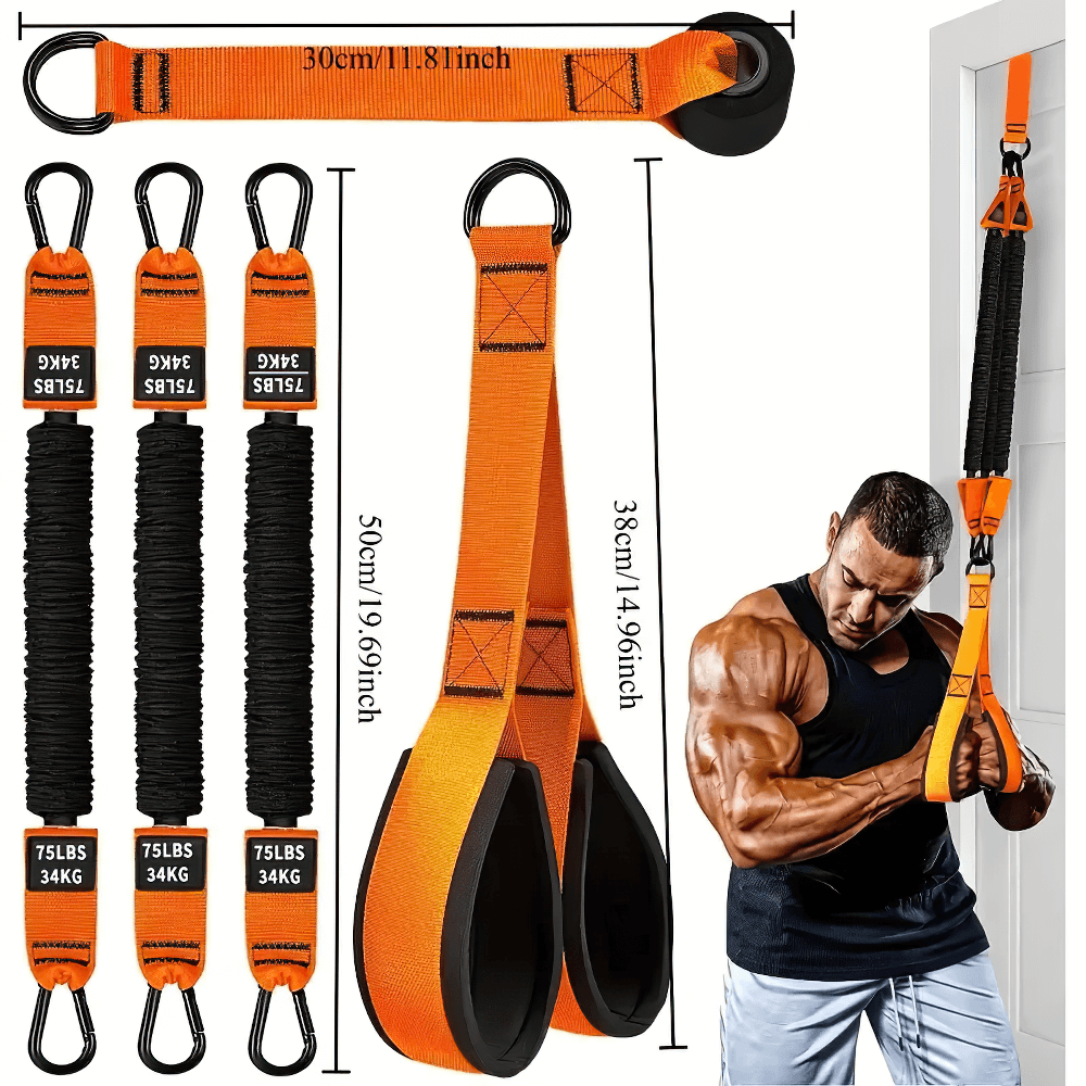 Man using orange adjustable suspension training straps for home workouts, showcasing dimensions and weight capacity.