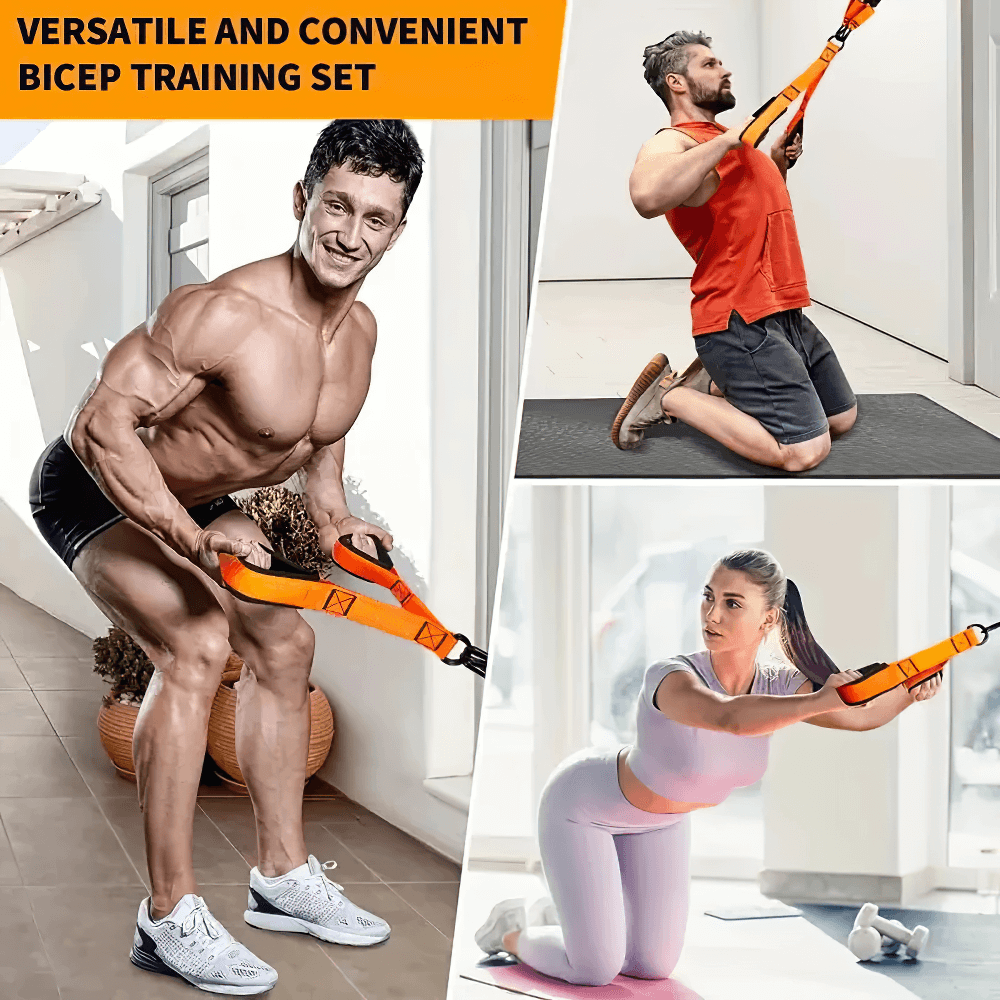 Three people demonstrating adjustable suspension training straps for versatile home bicep workouts.