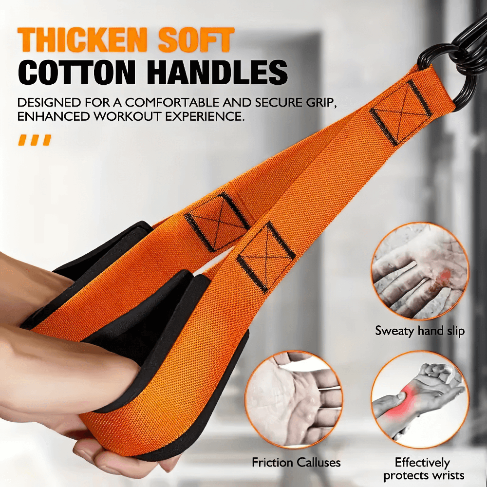 Adjustable suspension training straps with thick soft cotton handles for secure grip and enhanced workout experience.