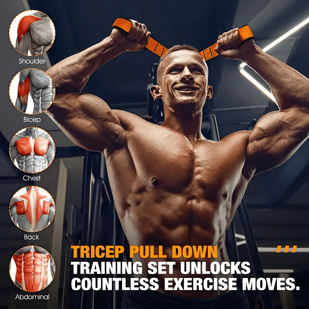 Man using tricep pull down straps for strength training with muscle diagrams showcasing shoulder, bicep, chest, back, abdominal.