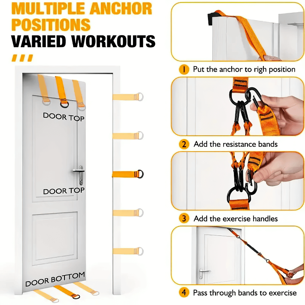 Adjustable suspension training straps for varied home workouts with multiple anchor positions and resistance bands setup guide.