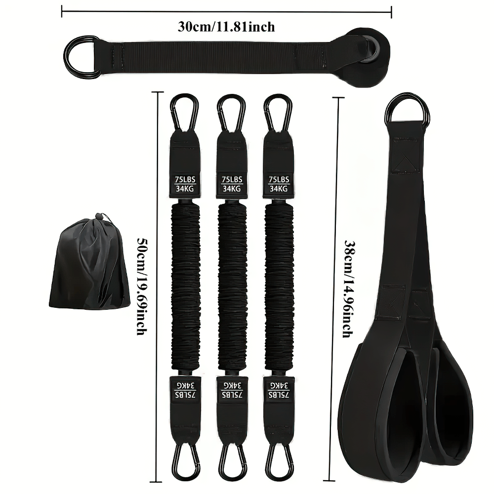 Adjustable suspension training straps with dimensions for home workout, model SF3421, includes storage bag.