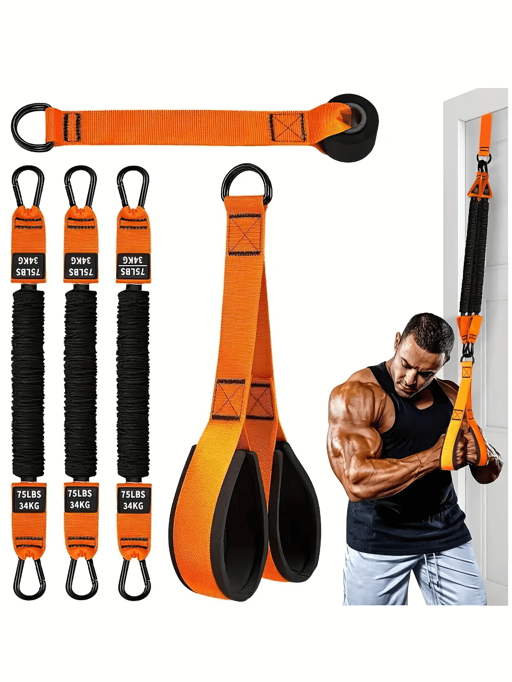 Adjustable orange suspension training straps for home fitness, model SF3421, with man demonstrating exercise by a door anchor.
