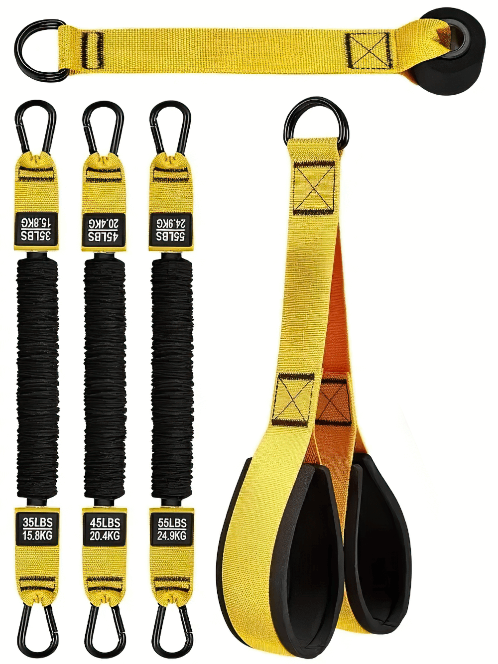 Yellow adjustable suspension training straps with resistance bands for home workouts