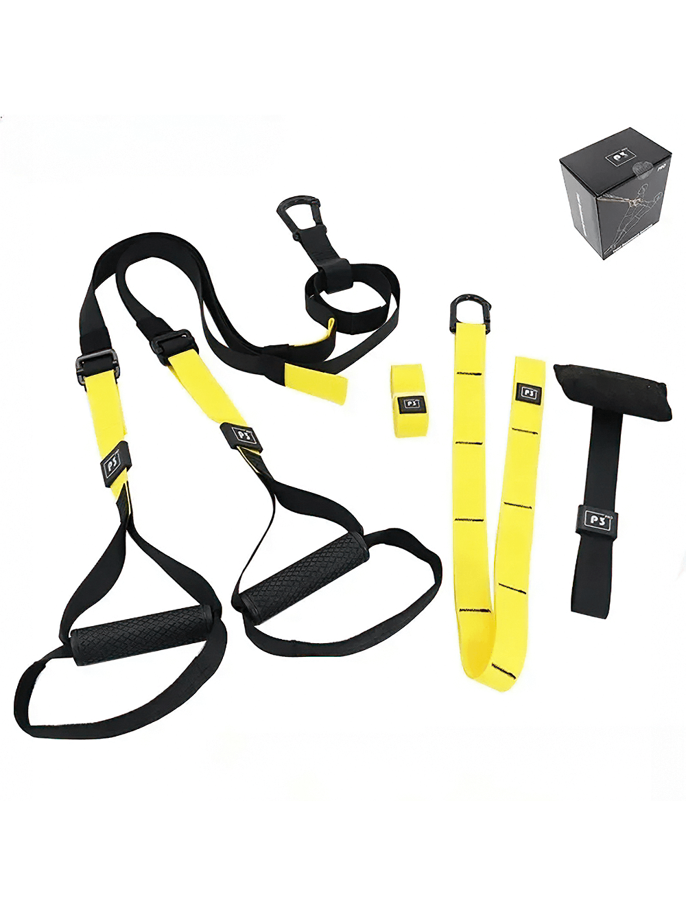 Adjustable workout suspension training straps SF3342 for home fitness, featuring yellow and black design with various loop options.
