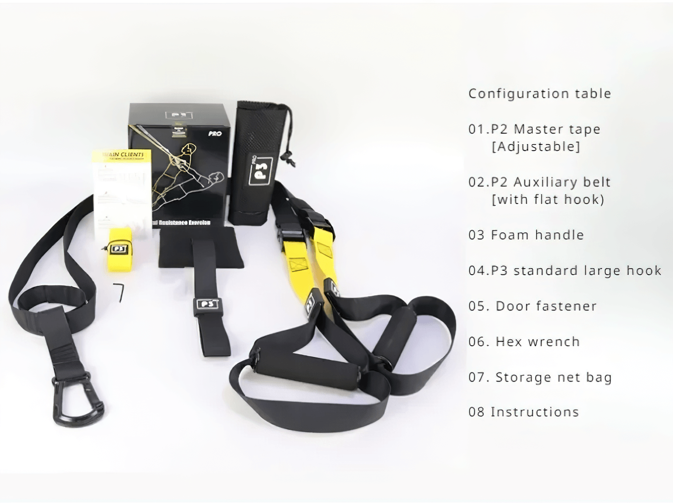 Adjustable suspension training straps set SF3342 for workouts with accessories and instructions included.