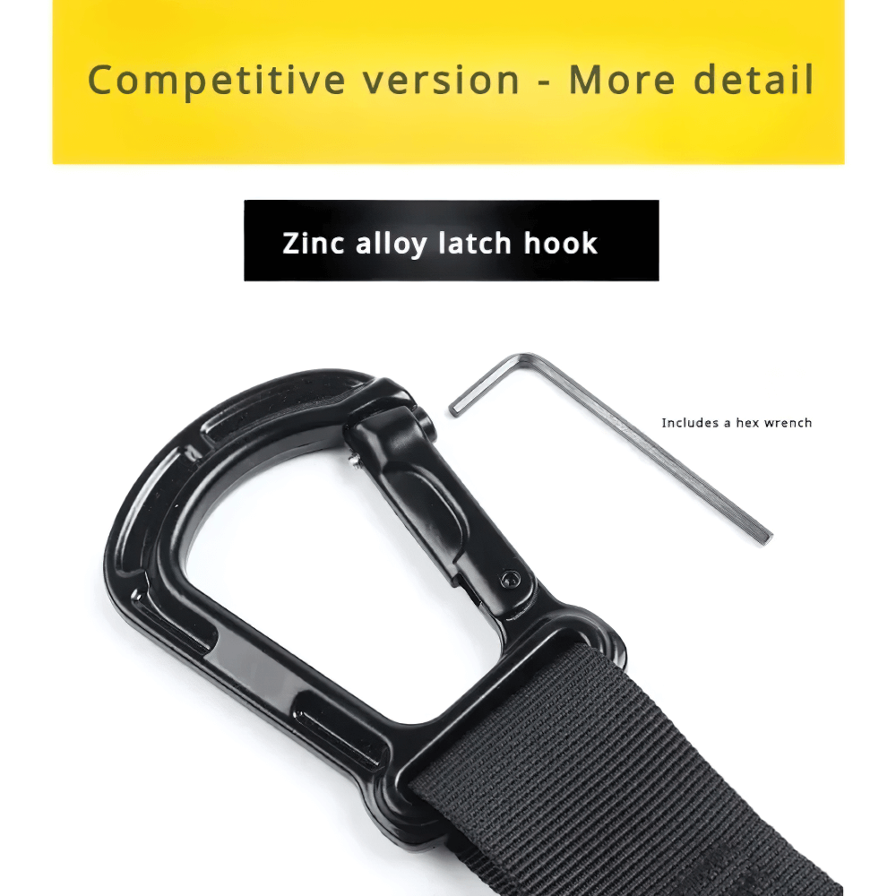 Close-up of adjustable suspension training strap with zinc alloy latch hook and hex wrench for easy installation.