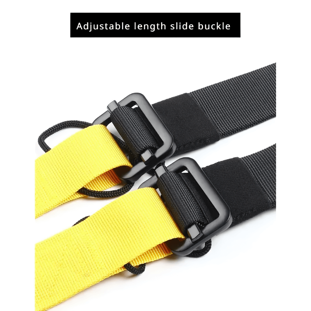 Close-up of adjustable suspension training straps with slide buckle in black and yellow, ideal for versatile workouts. Model SF3342.