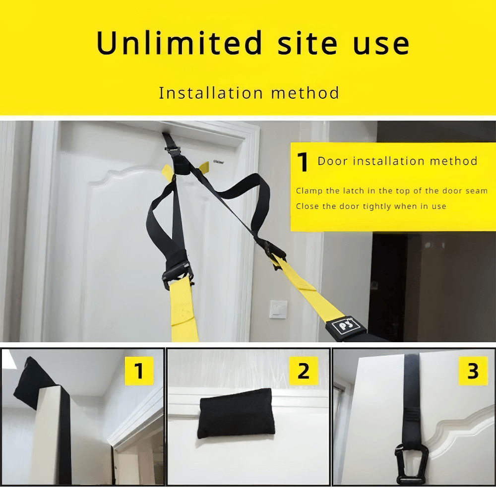Installation guide for adjustable suspension training straps SF3342 on a door, featuring steps for secure and versatile workout setup.