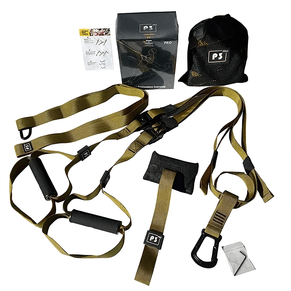 Adjustable suspension training straps SF3342 with handles, carabiner, and accessories for versatile workout routines.