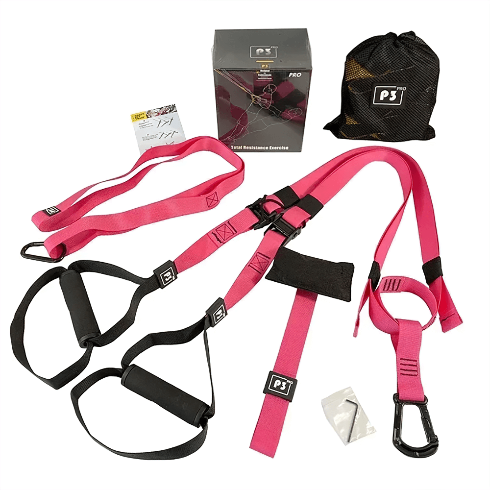 Adjustable pink suspension training straps set for workouts, including handles, carabiner, and storage bag - model SF3342.