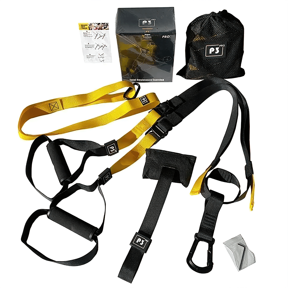 Adjustable suspension training straps set for full-body workouts, including black and yellow straps, carabiner, and carrying pouch.